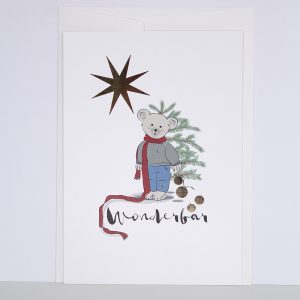 Weihnachtskarte Wunderbar – exklusive Karte von Schweizer Künstler mit Bärenmotiv im Hochformat