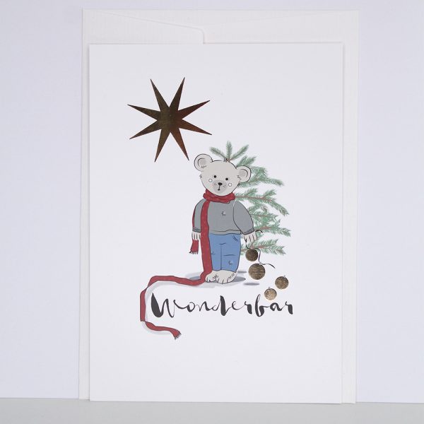 Weihnachtskarte Wunderbar – exklusive Karte von Schweizer Künstler mit Bärenmotiv im Hochformat